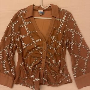 River Island Nude Sequin Ruched Blouse Button Front